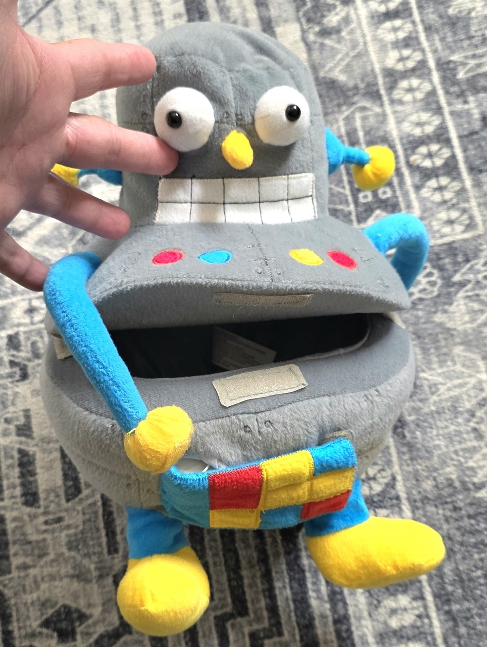 Rare Shanghai Toy robot plush with storage opening bright multicolor blue gray